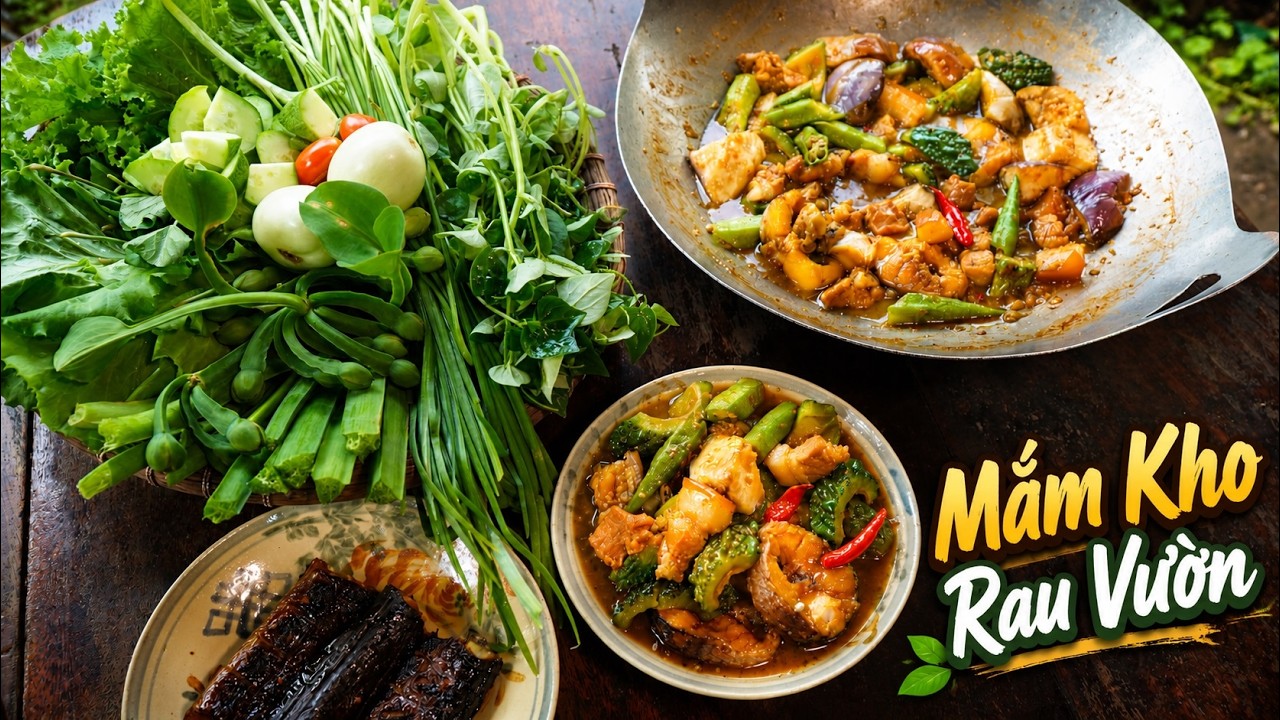 Món Ăn Dân Dã Mắm Kho Cá Lóc + Thị Ba Rọi + Rau Vườn